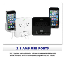 Load image into Gallery viewer, RND Power Solutions Wall Power Station includes 3 AC Plugs and 2 USB ports with Surge Protection and 2 slide-out holders(Black)
