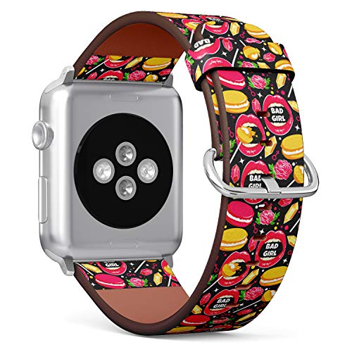 S-Type iWatch Leather Strap Printing Wristbands for Apple Watch 4/3/2/1 Sport Series (42mm) - Cool Pattern with Sweet Lips, Roses, Macaroons, Diamonds and Lollipops
