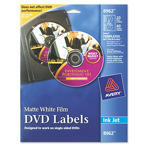 Avery 8962 DVD Inkjet Labels, 20 Sheet/2 Labels P/Sheet, Matte, White