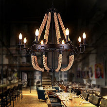 Load image into Gallery viewer, Industrial Iron Matte Black Finish Rope Candle Chandelier - LITFAD 33.46&quot; Retro Vintage Antique Pendant Light Ceiling Light with 8 Lights
