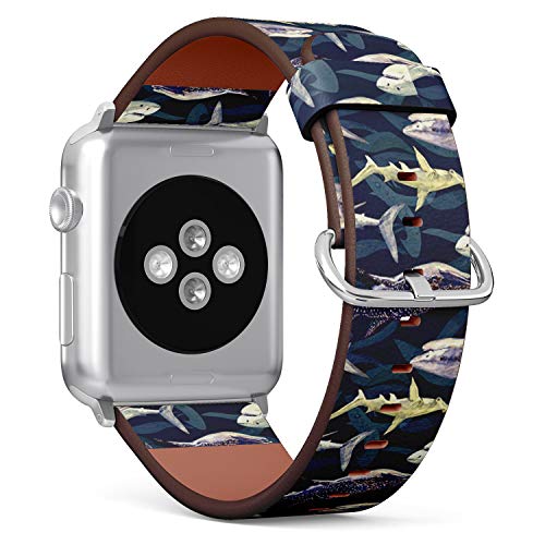 Compatible with Small Apple Watch 38mm, 40mm, 41mm (All Series) Leather Watch Wrist Band Strap Bracelet with Adapters (Sharks Variety Blue Tiger Whale)