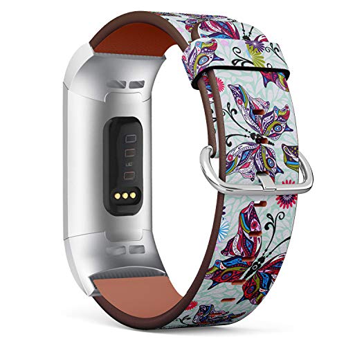 Replacement Leather Strap Printing Wristbands Compatible with Fitbit Charge 3 / Charge 3 SE - Floral Pattern with Fitbit Colorful Butterflies and Gray Drops
