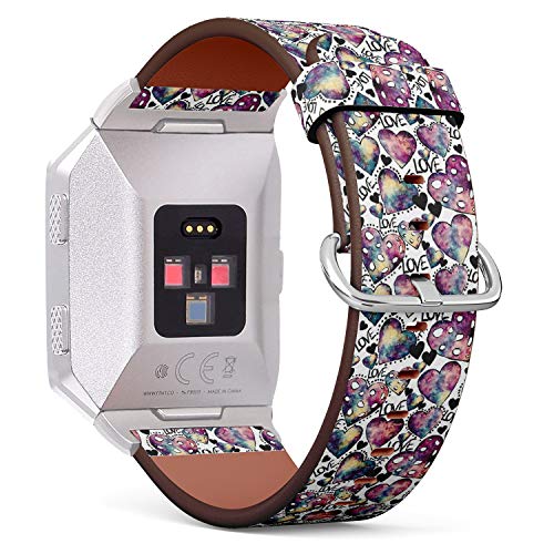 (Pattern with Watercolor Hearts, Vivid Nebula, Black Dots and Word Love) Patterned Leather Wristband Strap for Fitbit Ionic,The Replacement of Fitbit Ionic smartwatch Bands