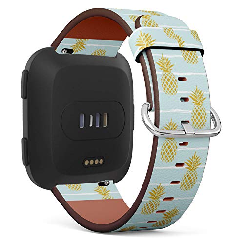 Replacement Leather Strap Printing Wristbands Compatible with Fitbit Versa - Summer Gold Pineapple on Striped Background