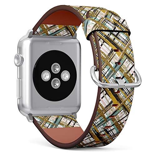 S-Type iWatch Leather Strap Printing Wristbands for Apple Watch 4/3/2/1 Sport Series (38mm) - Hand Drawn Gold Glitter Textured Brush Strokes and Stripes Pattern