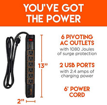 Load image into Gallery viewer, ECHOGEAR Rotating Surge Protector Power Strip with 2 USB Ports &amp; 6 Rotating AC Outlets - 1080 Joules of Heavy Duty Surge Protection with Long Power Cord &amp; Wall Mounting Holes
