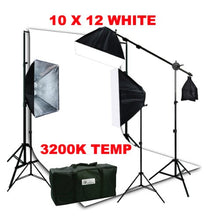 Load image into Gallery viewer, ePhotoInc Muslin Support Stand Kit Boom Hair light Stand with 3 Softbox Photography Video 3200K Warm TEMP Lighting Kit &amp; 10x12 White Muslin H9004SB-1012W 3200K
