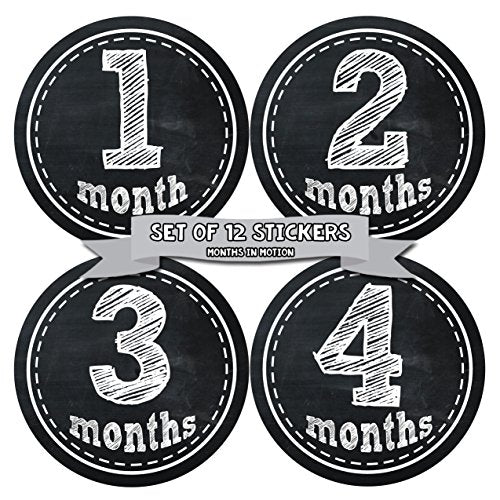 Months In Motion Gender Neutral Monthly Baby Milestone Stickers - Infant Photo Prop for First Year - Shower Gift - Newborn Keepsakes - Unisex Boy or Girl - Chalkboard - Style 155