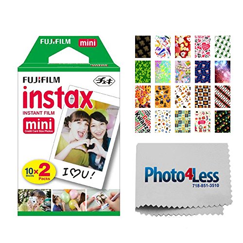 Fujifilm instax Mini Instant Film (20 Exposures) + 20 Sticker Frames for Fuji Instax Prints Holiday Package + Photo4Less Cleaning Cloth  Deluxe Accessory Bundle