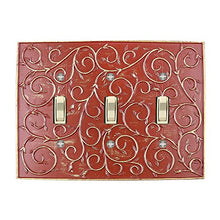 Load image into Gallery viewer, Meriville French Scroll 3 Toggle Wallplate, Triple Switch Electrical Cover Plate, Parisian Red with Gold
