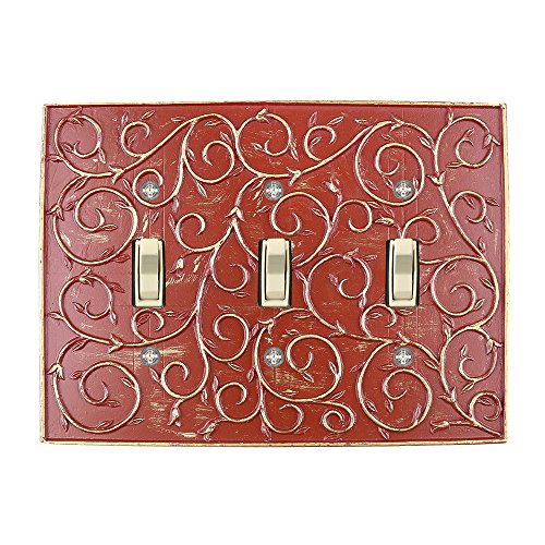 Meriville French Scroll 3 Toggle Wallplate, Triple Switch Electrical Cover Plate, Parisian Red with Gold