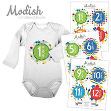 Load image into Gallery viewer, Modish Labels 12 Monthly Baby Stickers, Cars, Transportation, Primary Colors, Baby Boy, New Baby Gift, Baby Book Keepsake

