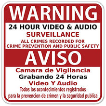 Load image into Gallery viewer, (Pack of 50 Stickers) Warning Video and Audio Surveillance with Spanish Translation Aviso Vinyl Decal Bumper Sticker 6 X 6
