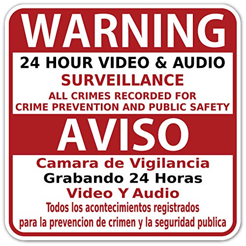 (Pack of 50 Stickers) Warning Video and Audio Surveillance with Spanish Translation Aviso Vinyl Decal Bumper Sticker 6 X 6