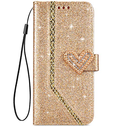 IKASEFU Shiny Rhinestone Diamond Sparkly Bling Glitter Luxury Wallet with Card Holder Flash Pu Leather Magnetic Flip Case Protective bumper Cover Case Compatible with Samsung Galaxy A8 Plus 2018,gold