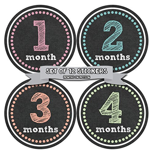 Months In Motion Baby Month Stickers - Monthly Milestone Sticker for Girl - Onesie Month Sticker - Infant Photo Prop for First Year - Shower Gift - Newborn Keepsakes - Baby Gift Registry - Chalkboard