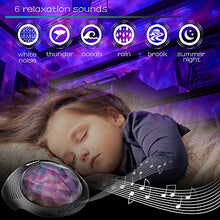Load image into Gallery viewer, SOAIY Aurora Night Light Projector and Sleeping Soothing White Noise Sound Machine for Baby, Kids, Adults with Bluetooth 4.1, Timer, Remote, 6 Soother Sounds, 7 Lighting Modes for Kids Room
