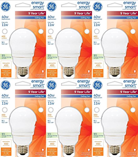GE 47486 Energy Smart CFL 11 Watt (40 watt Replacement) 500 Lumen A17 Light Bulb with Medium Base (6 Pack)