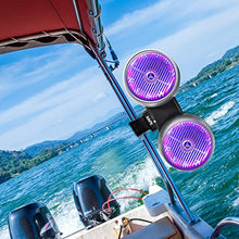 Load image into Gallery viewer, Waterproof Marine Wakeboard Tower Speakers - 6.5 Dual Subwoofer Speaker Set and 1.0 Tweeters, LED Lights and 400 Watt Power - 2-way Boat Audio System with Mounting Bracket - PLMRWB652LES (Silver)
