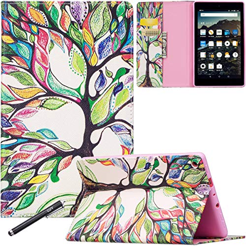 Newshine All-New Amazon Kindle Fire HD 8 (7th Generation, 2017 Release) Case - Auto Wake/Sleep PU Leather Protective Folio Folding Stand Cover with Card Slots&Money Pocket, Beautiful Tree