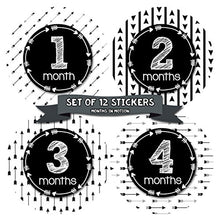 Load image into Gallery viewer, Months In Motion Gender Neutral Baby Month Stickers - Monthly Milestone Sticker for Boy or Girl - Infant Photo Prop for First Year - Shower Gift - Newborn Keepsakes - Unisex - Tribal Arrows
