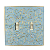 Meriville French Scroll 2 Toggle Wallplate, Double Switch Electrical Cover Plate, Cameo Blue with Gold