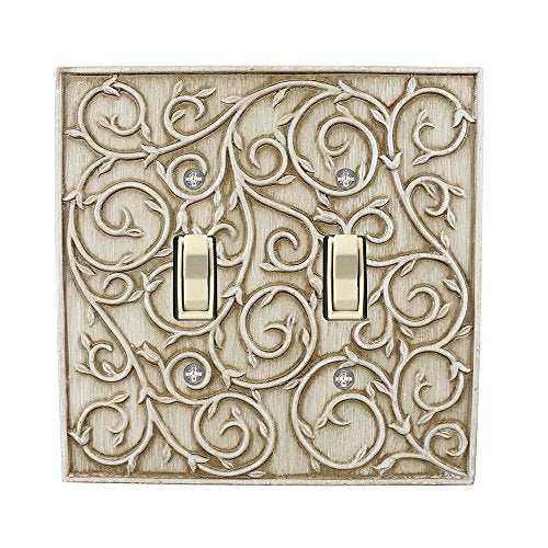 Meriville French Scroll 2 Toggle Wallplate, Double Switch Electrical Cover Plate, Weathered White