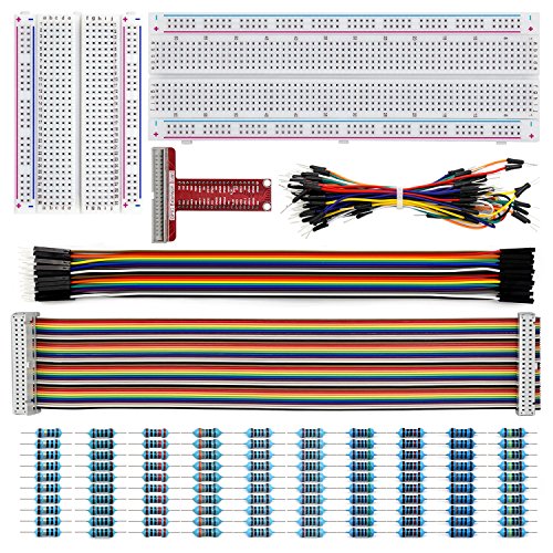 REXQualis Accessories kit Compatible with Raspberry Pi 4 3B+ 3B 2B B+ A+ Zero w/Solderless Breadboard + GPIO T Type Expansion Board + Jumper Wires + Rainbow Ribbon Cable + Resistors