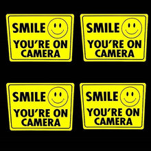 Load image into Gallery viewer, 4 Smile Security Camera Window Stickers - Surveillance Home Video 3x4&quot;
